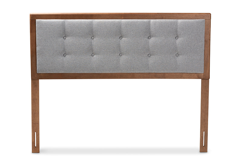 Hadia Mid-Century Modern Light Gray Fabric Upholstered Walnut Brown Finished Wood Full Size Headboard