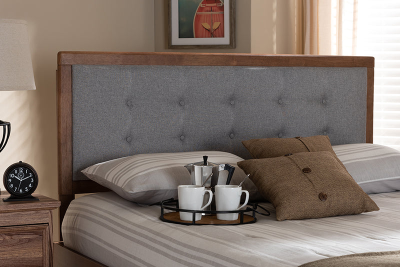 Hadia Mid-Century Modern Light Gray Fabric Upholstered Walnut Brown Finished Wood King Size Headboard