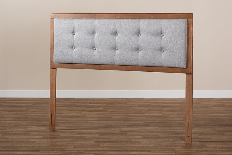 Hadia Mid-Century Modern Light Gray Fabric Upholstered Walnut Brown Finished Wood King Size Headboard