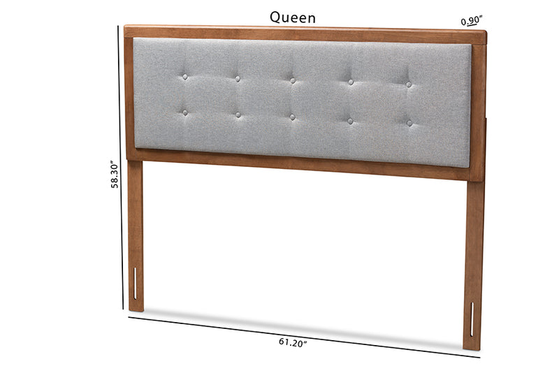 Hadia Mid-Century Modern Light Gray Fabric Upholstered Walnut Brown Finished Wood King Size Headboard