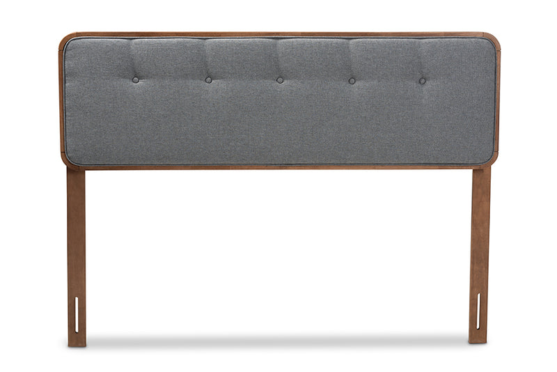 Lanier Mid-Century Modern Dark Gray Fabric Upholstered Walnut Brown Finished Wood Full Size Headboard