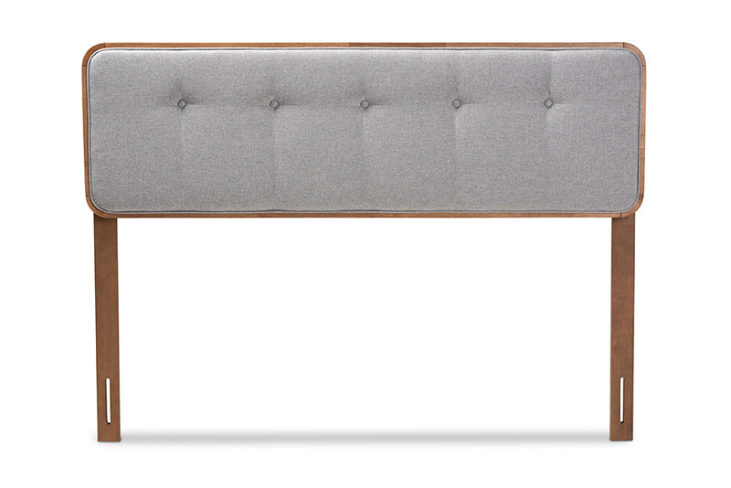 Lanier Mid-Century Modern Light Gray Fabric Upholstered Walnut Brown Finished Wood Queen Size Headboard