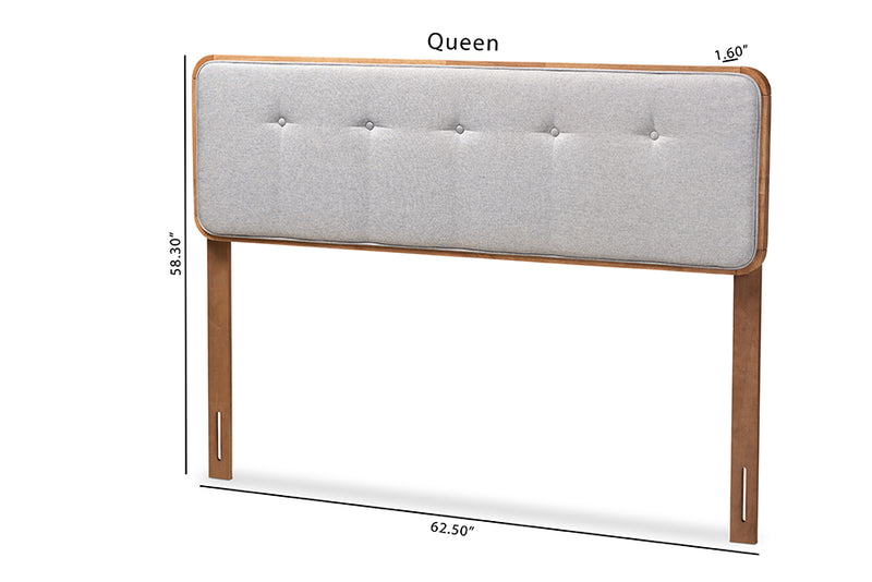 Lanier Mid-Century Modern Light Gray Fabric Upholstered Walnut Brown Finished Wood Queen Size Headboard