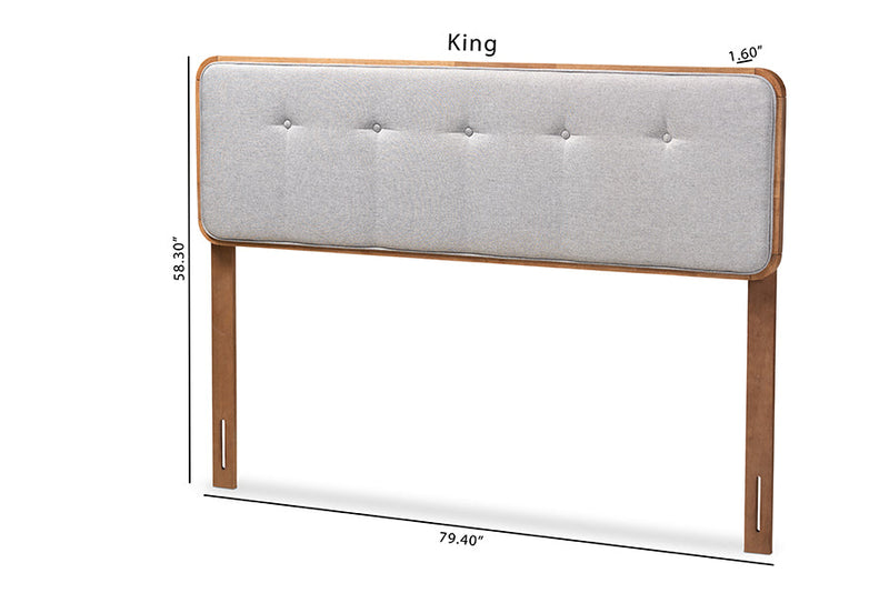 Lanier Light Gray Fabric Upholstered Walnut Brown Queen Size Headboard Baxton