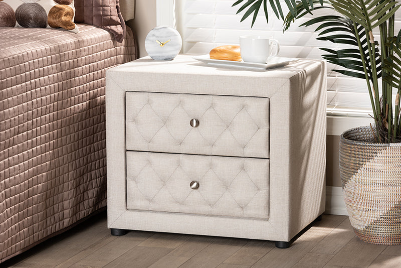 Finch Modern and Contemporary Light Beige Fabric Upholstered 2-Drawer Wood Nightstand