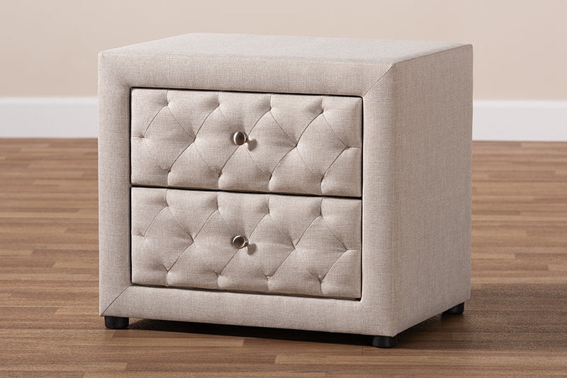 Finch Light Beige Fabric Upholstered 2-Drawer Wood Nightstand Baxton