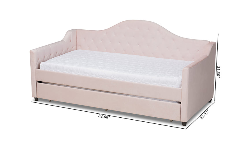 Rene Modern and Contemporary Light Pink Velvet Fabric Upholstered and Button Tufted Twin Size Daybed w/Trundle