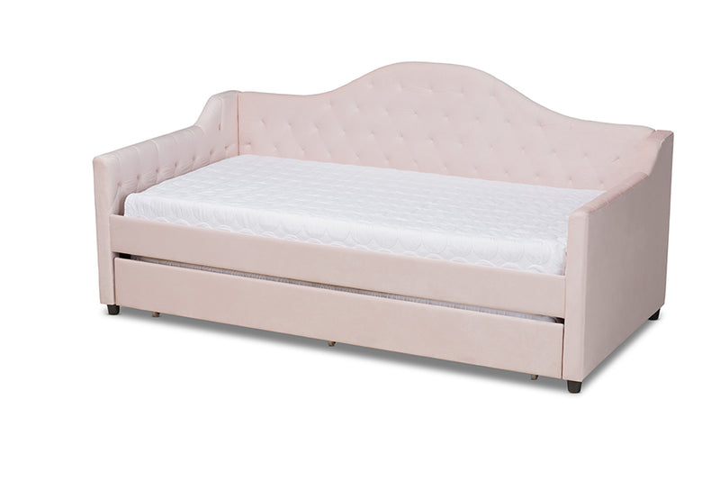 Rene Modern and Contemporary Light Pink Velvet Fabric Upholstered and Button Tufted Twin Size Daybed w/Trundle