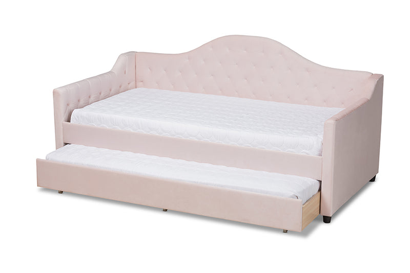 Rene Modern and Contemporary Light Pink Velvet Fabric Upholstered and Button Tufted Twin Size Daybed w/Trundle