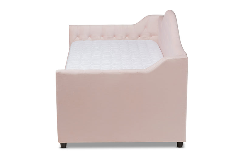 Rene Modern and Contemporary Light Pink Velvet Fabric Upholstered and Button Tufted Twin Size Daybed w/Trundle