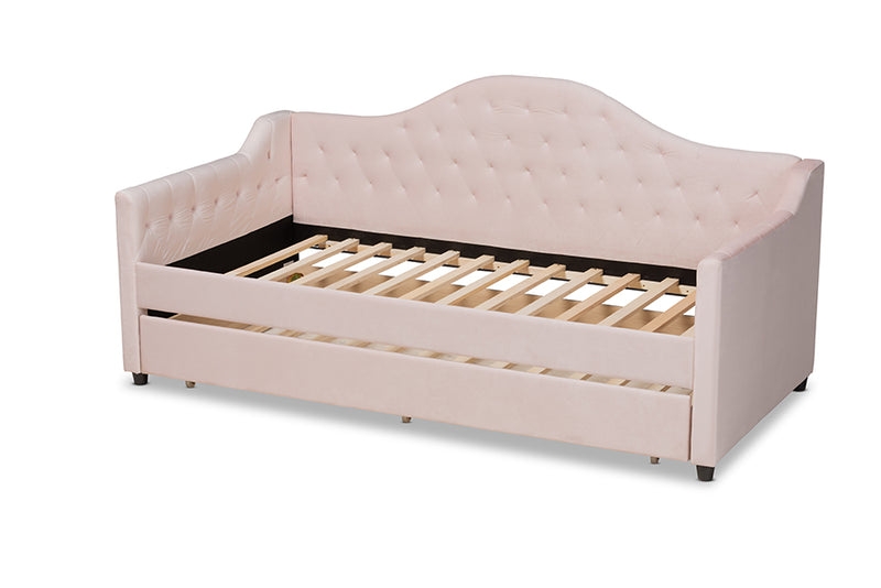 Rene Modern and Contemporary Light Pink Velvet Fabric Upholstered and Button Tufted Twin Size Daybed w/Trundle