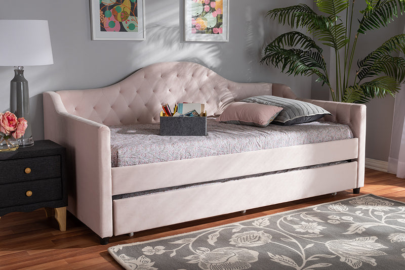 Rene Modern and Contemporary Light Pink Velvet Fabric Upholstered and Button Tufted Twin Size Daybed w/Trundle