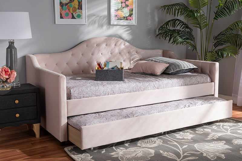 Rene Modern and Contemporary Light Pink Velvet Fabric Upholstered and Button Tufted Twin Size Daybed w/Trundle