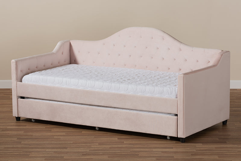 Rene Modern and Contemporary Light Pink Velvet Fabric Upholstered and Button Tufted Twin Size Daybed w/Trundle