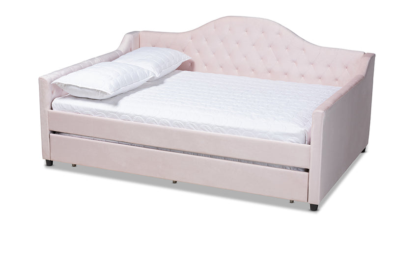 Rene Modern and Contemporary Light Pink Velvet Fabric Upholstered and Button Tufted Queen Size Daybed w/Trundle