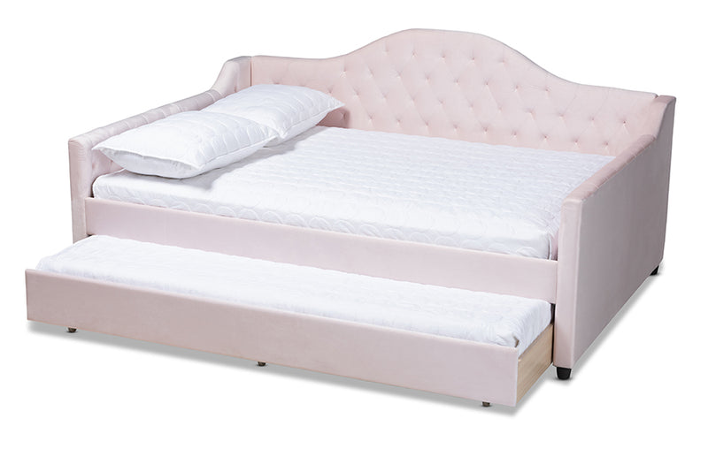 Rene Modern and Contemporary Light Pink Velvet Fabric Upholstered and Button Tufted Queen Size Daybed w/Trundle