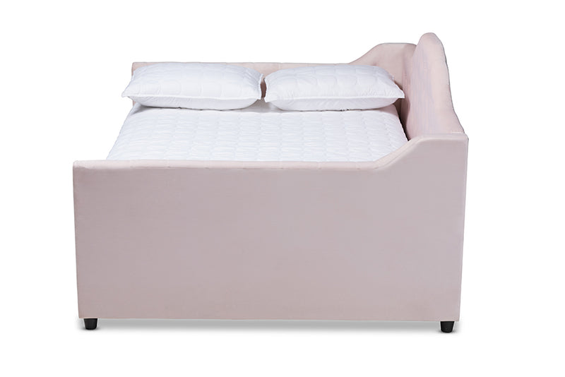 Rene Modern and Contemporary Light Pink Velvet Fabric Upholstered and Button Tufted Queen Size Daybed w/Trundle