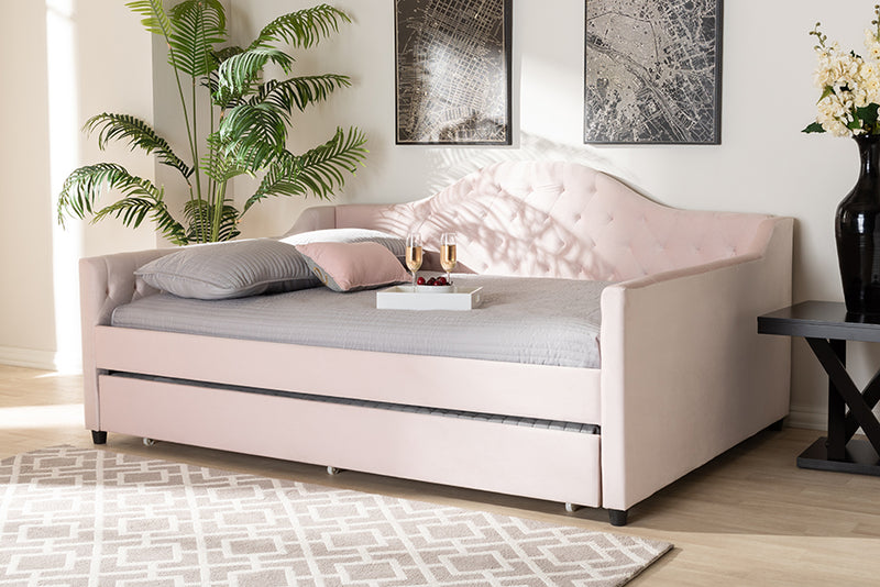 Rene Modern and Contemporary Light Pink Velvet Fabric Upholstered and Button Tufted Queen Size Daybed w/Trundle