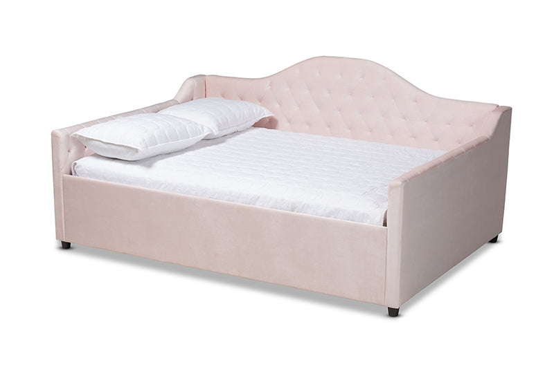 Rene Modern and Contemporary Light Pink Velvet Fabric Upholstered and Button Tufted Queen Size Daybed