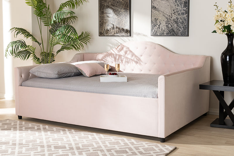 Rene Modern and Contemporary Light Pink Velvet Fabric Upholstered and Button Tufted Queen Size Daybed