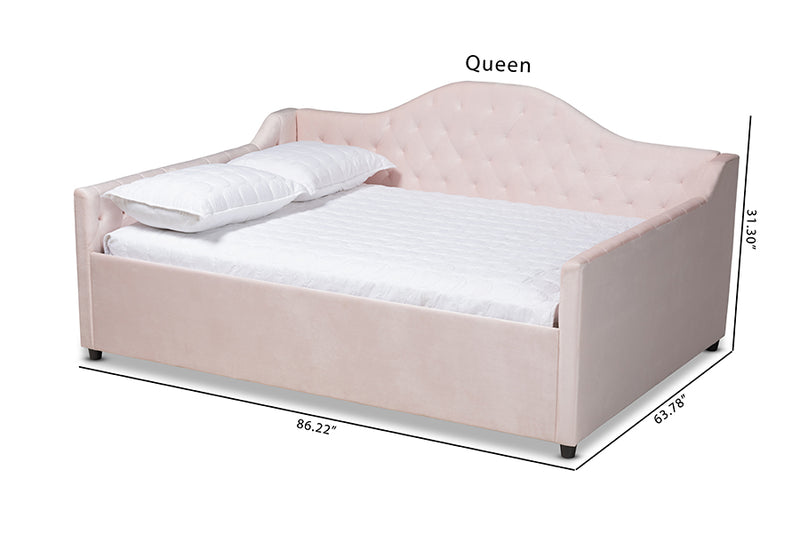 Rene Modern and Contemporary Light Pink Velvet Fabric Upholstered and Button Tufted Queen Size Daybed