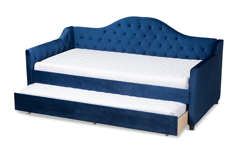 Rene Modern and Contemporary Royal Blue Velvet Fabric Upholstered and Button Tufted Twin Size Daybed w/Trundle