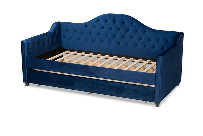 Rene Modern and Contemporary Royal Blue Velvet Fabric Upholstered and Button Tufted Twin Size Daybed w/Trundle