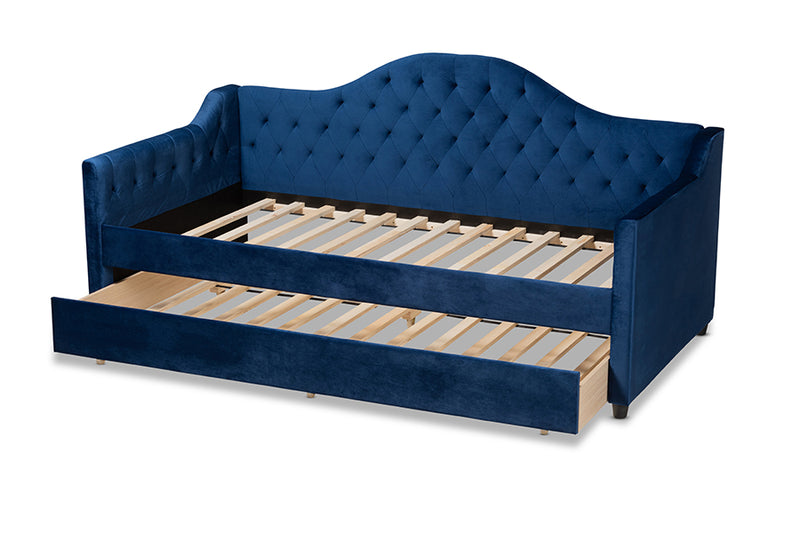 Rene Modern and Contemporary Royal Blue Velvet Fabric Upholstered and Button Tufted Twin Size Daybed w/Trundle