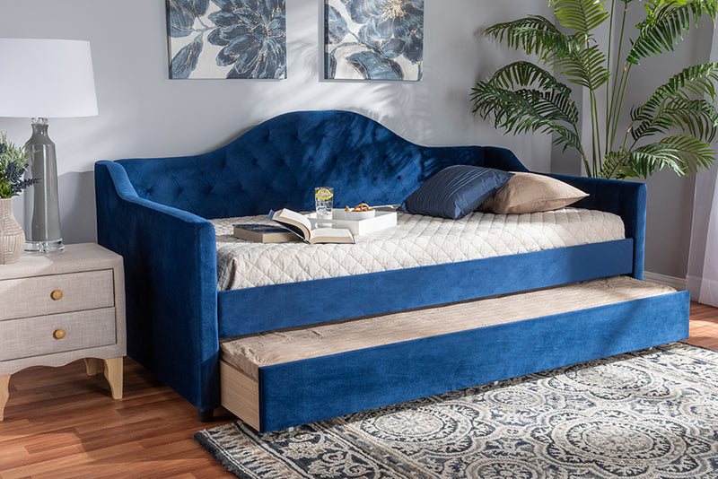 Rene Modern and Contemporary Royal Blue Velvet Fabric Upholstered and Button Tufted Twin Size Daybed w/Trundle