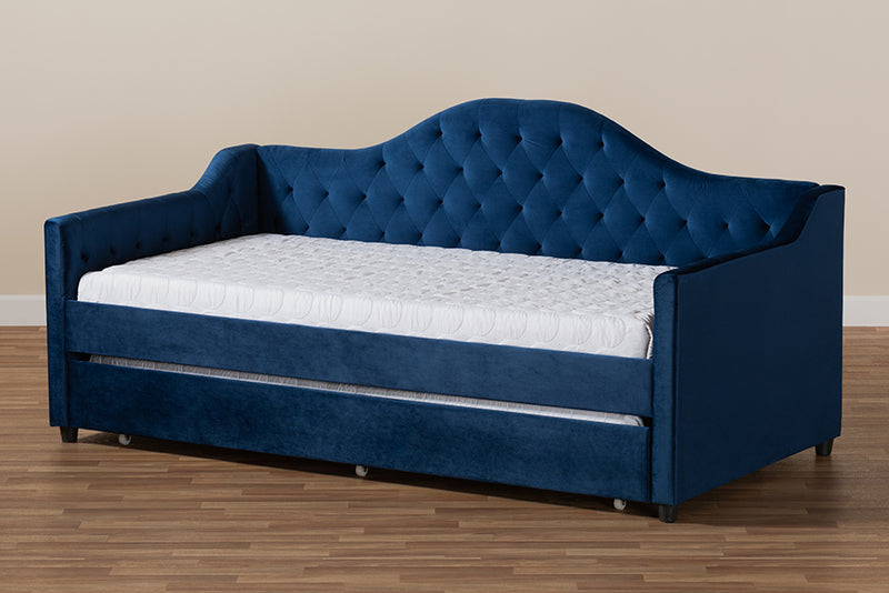 Rene Modern and Contemporary Royal Blue Velvet Fabric Upholstered and Button Tufted Twin Size Daybed w/Trundle