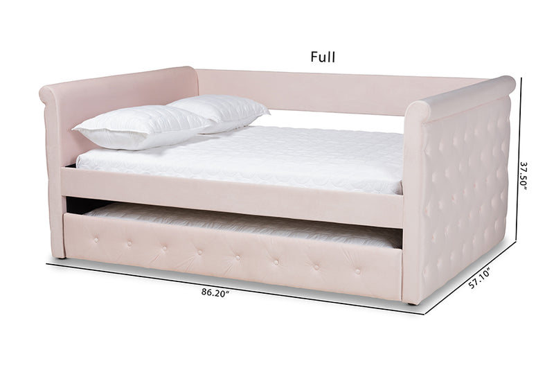 Amy Modern and Contemporary Light Pink Velvet Fabric Upholstered Full Size Daybed w/Trundle