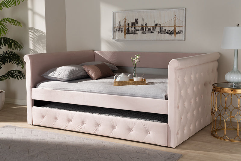 Amy Modern and Contemporary Light Pink Velvet Fabric Upholstered Full Size Daybed w/Trundle