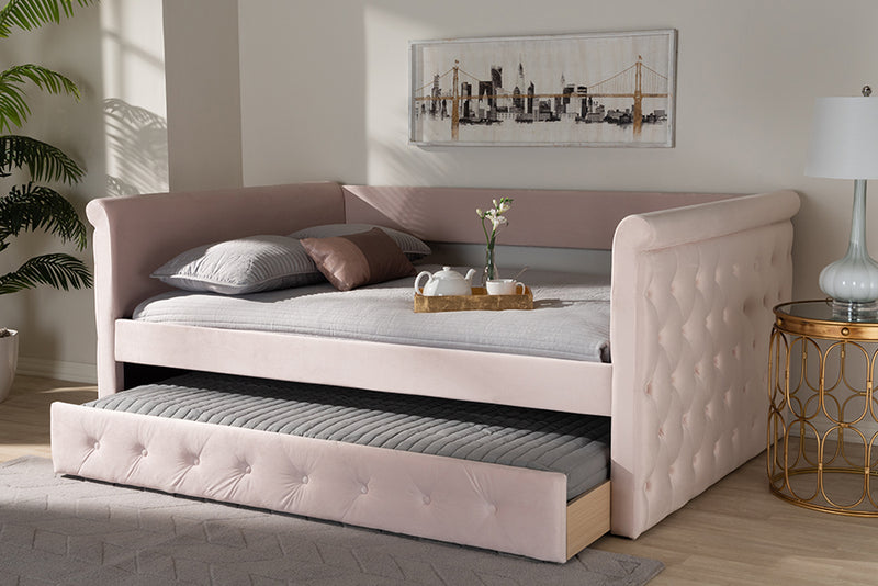 Amy Modern and Contemporary Light Pink Velvet Fabric Upholstered Full Size Daybed w/Trundle