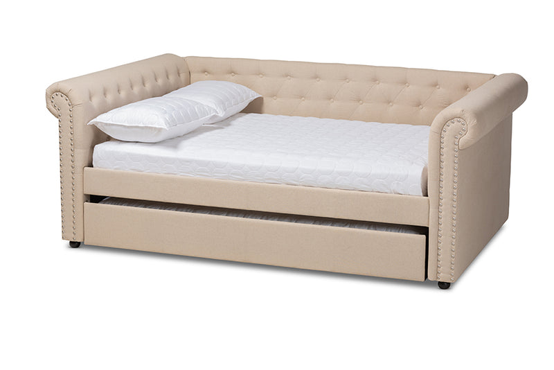 Vance Modern and Contemporary Beige Fabric Upholstered Full Size Daybed w/Trundle