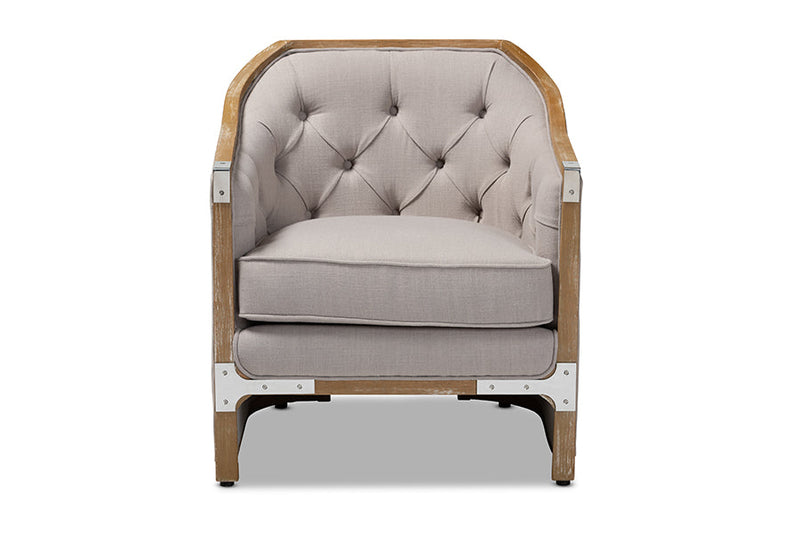 Colandra Grey-Beige Fabric Whitewashed Oak Wood Armchair w/Metal Accents Baxton