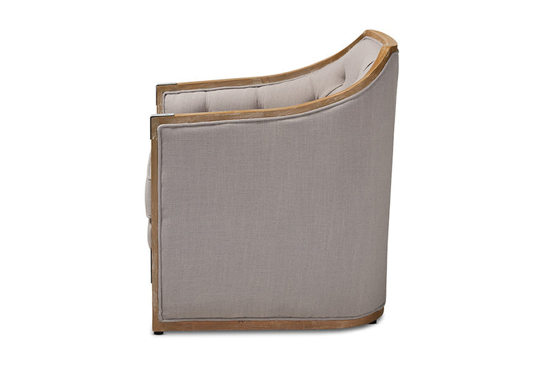 Colandra Grey-Beige Fabric Whitewashed Oak Wood Armchair w/Metal Accents Baxton