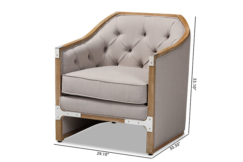 Colandra Grey-Beige Fabric Whitewashed Oak Wood Armchair w/Metal Accents Baxton