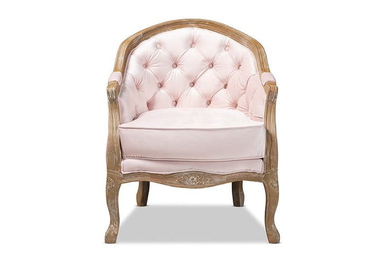 Candice Light Pink Velvet Upholstered White-Washed Oak Wood Armchair Baxton