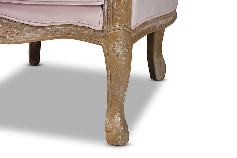 Candice Light Pink Velvet Upholstered White-Washed Oak Wood Armchair Baxton