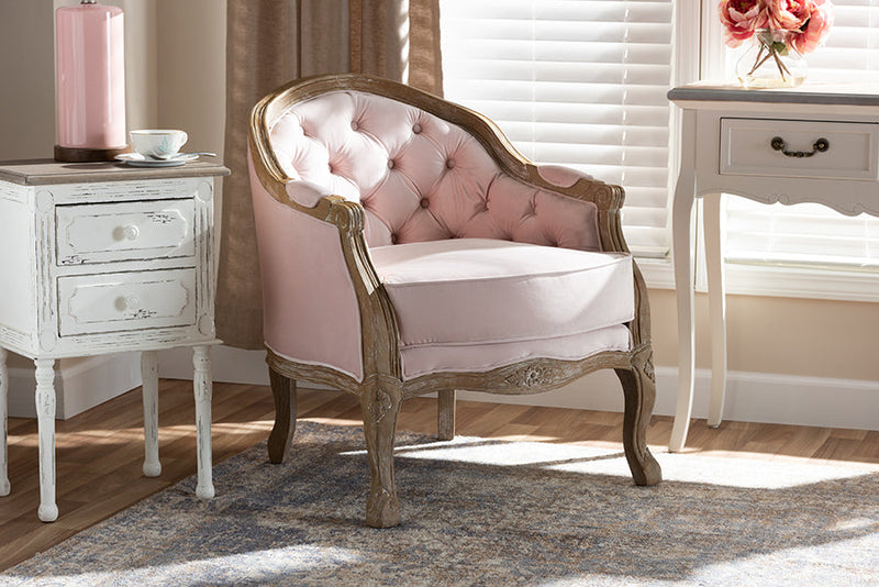 Candice Light Pink Velvet Upholstered White-Washed Oak Wood Armchair Baxton