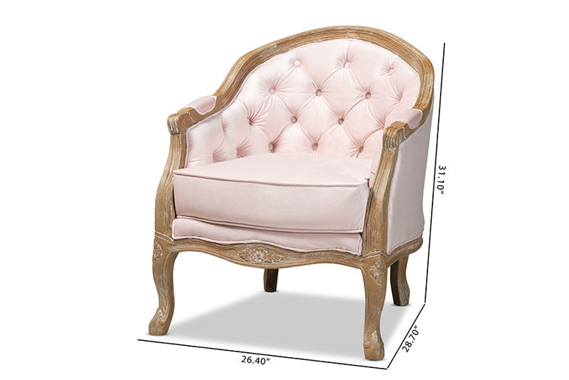 Candice Light Pink Velvet Upholstered White-Washed Oak Wood Armchair Baxton
