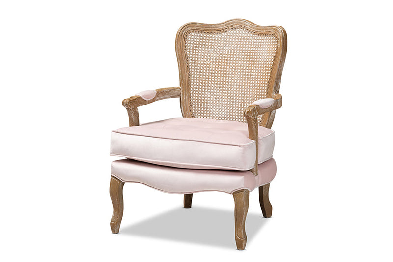 Arpina Light Pink Velvet Fabric Upholstered White-Washed Oak Wood Armchair Baxton