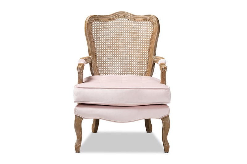 Arpina Light Pink Velvet Fabric Upholstered White-Washed Oak Wood Armchair Baxton