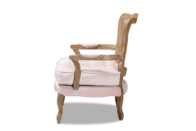 Arpina Light Pink Velvet Fabric Upholstered White-Washed Oak Wood Armchair Baxton