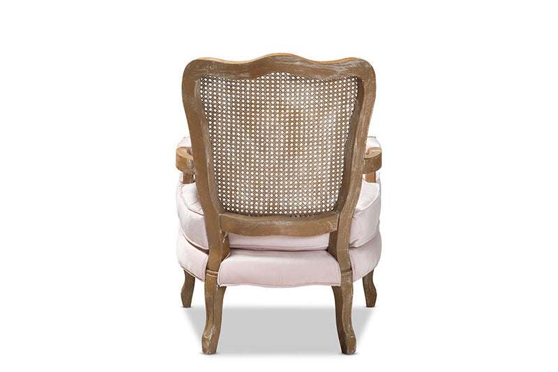 Arpina Light Pink Velvet Fabric Upholstered White-Washed Oak Wood Armchair Baxton