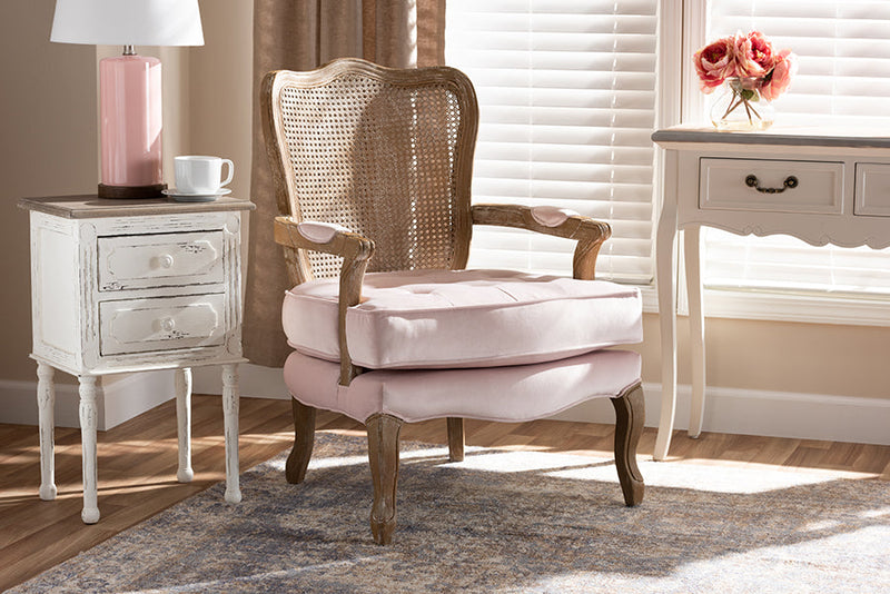 Arpina Light Pink Velvet Fabric Upholstered White-Washed Oak Wood Armchair Baxton