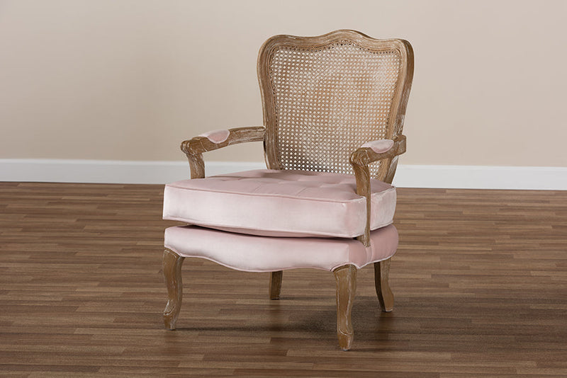 Arpina Light Pink Velvet Fabric Upholstered White-Washed Oak Wood Armchair Baxton