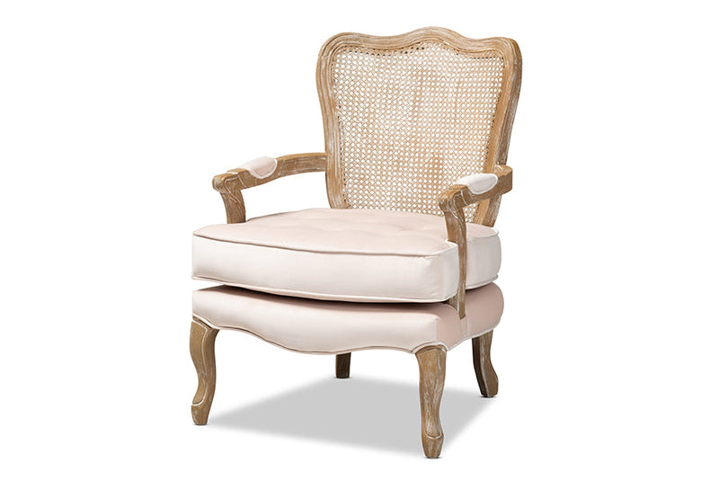Arpina Light Beige Velvet Fabric Upholstered White-Washed Oak Wood Armchair Baxton