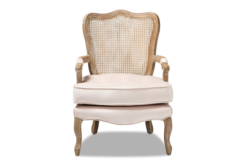 Arpina Light Beige Velvet Fabric Upholstered White-Washed Oak Wood Armchair Baxton