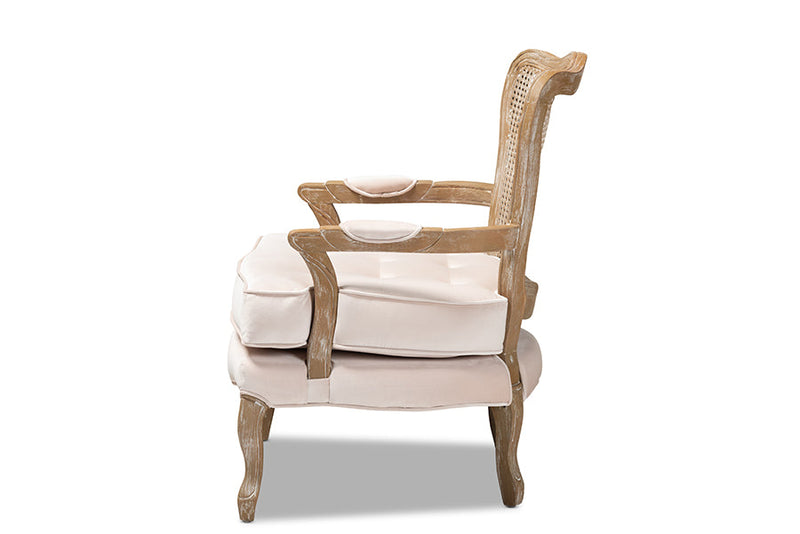 Arpina Light Beige Velvet Fabric Upholstered White-Washed Oak Wood Armchair Baxton